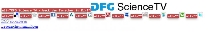 Screenshot der Social Media Icons mit eingeblendeten leeren alt-Attributen (lineare Seitenansicht)