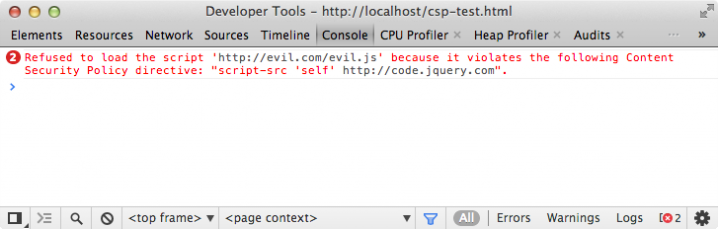 Verletzungen der Content Security Policy in den Chrome Developer Tools Fehlermeldung bei aktiver CSP in der Konsole der Developer Tools von Google Chrome: "Refused to load the script 'http://evil.com/evil.js' because it violates the following Content Security Policy directive: script-src 'self' http://code.jquery.com".
