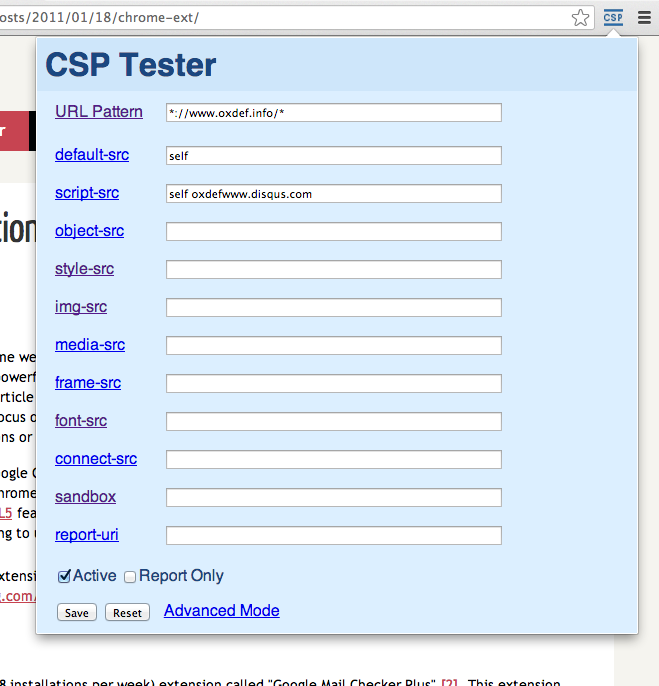 CSP-Tester Extension für Google Chrome Screenshot der geöffneten CSP-Tester Extension in Google Chrome