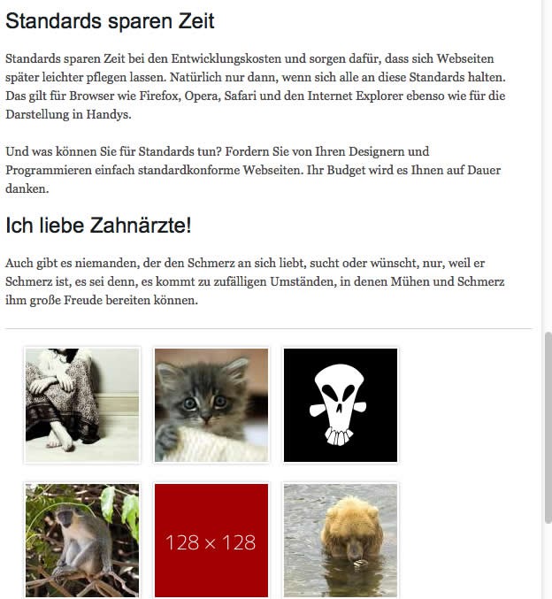 Ein Beispiellayout in schmaler Darstellung, die vorher rechte Seitenspalte hängt nun nach dem Ende des Inhalts