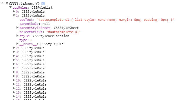Darstellung des CSSOM in den DevTools mit aufgeklappten CSSRuleList