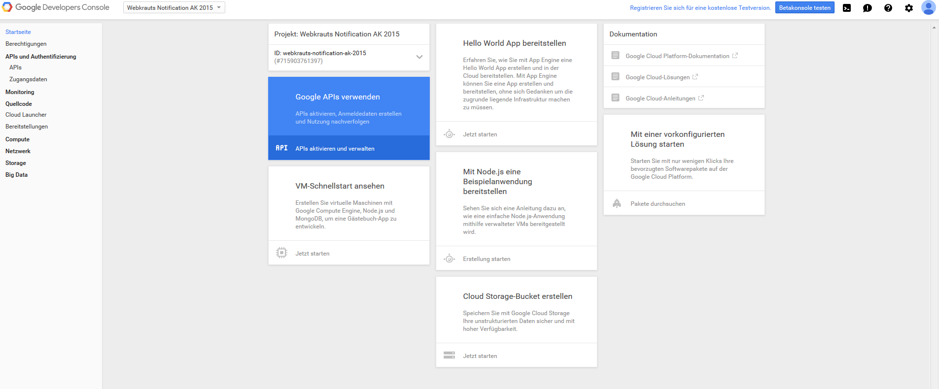 Ein Screenshot der Developer-Konsole von Google.