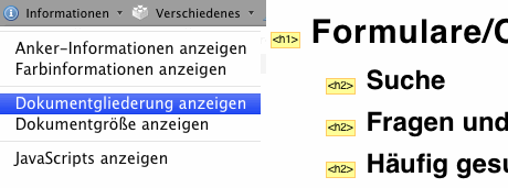 Web Developer Toolbar - Überschriften-Hierarchie anzeigen - Collage